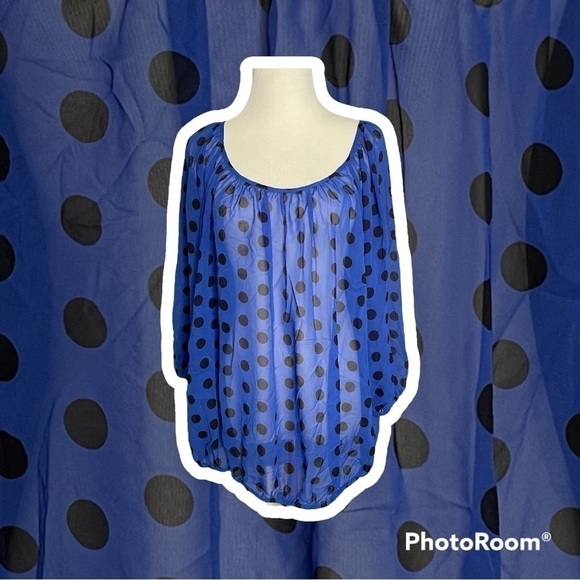 Worthington sheer cobalt blue, black polka dot blouse size 1x - Picture 1 of 6